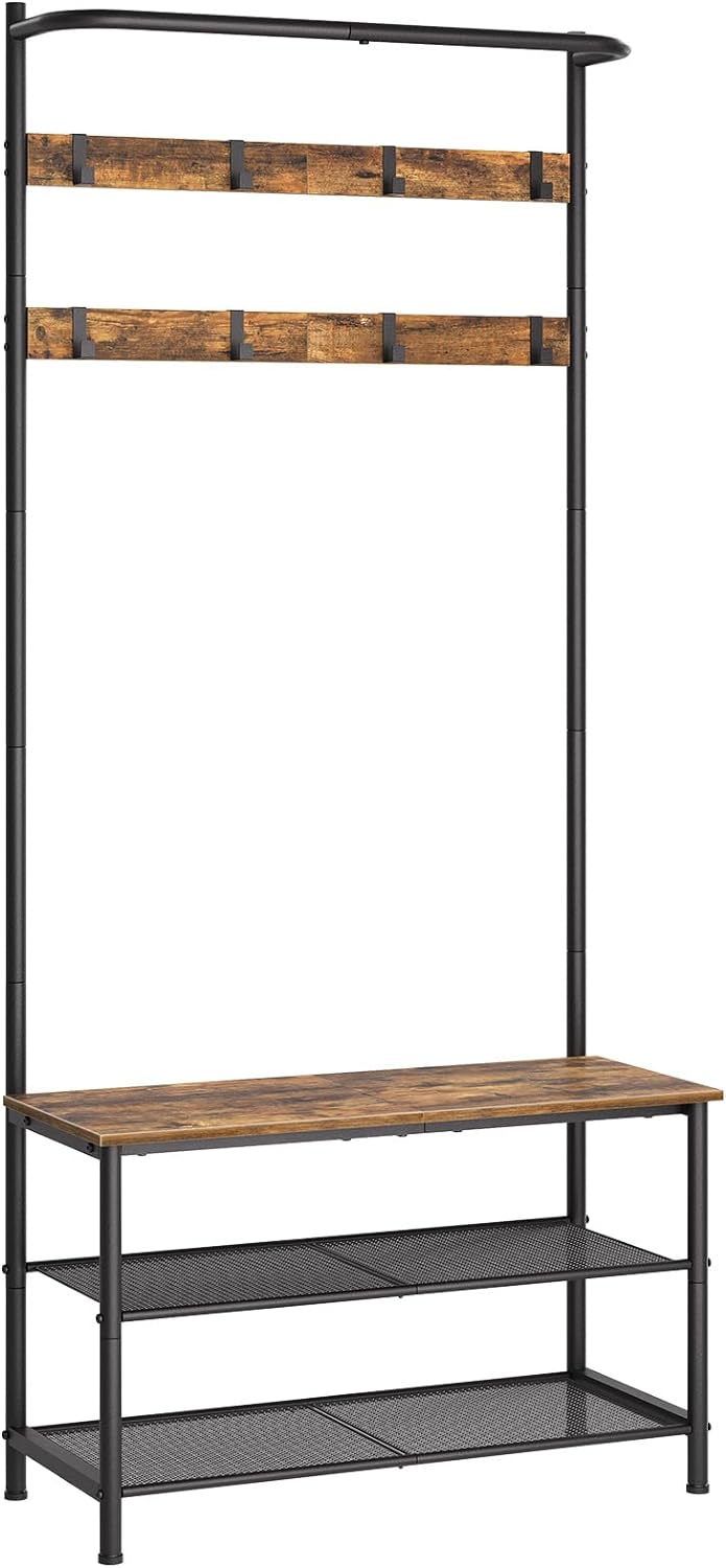 YATINEY Hall Tree, Coat Rack with Shoe Bench, 4-in-1 Entryway Bench with Storage Shelves, Hanging Rod and 8 Movable Hooks, Hall Tree with Storage Bench for Hallway, Rustic Brown and Black MT02BR