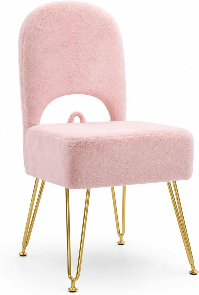 Pink Vanity Chair with Storage and Back for Teens - Faux Fur Makeup Vanity Stool, Foldable Ottoman Seat with Anti-Slip Metal Legs for Girls Bedroom, Dorm, Entryway, Living Room