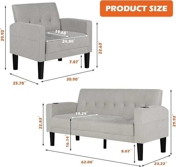 AILEEKISS 3 Piece Living Room Sofa Set Loveseat Sofas Sets with 2 USB,Cup Holders,Side Pocket, Modern Fabric 3 Pcs Sectional Couches Set for Apartment,Office,Bedroom (2-Seat+1-Seat+1-Seat, Light Grey)
