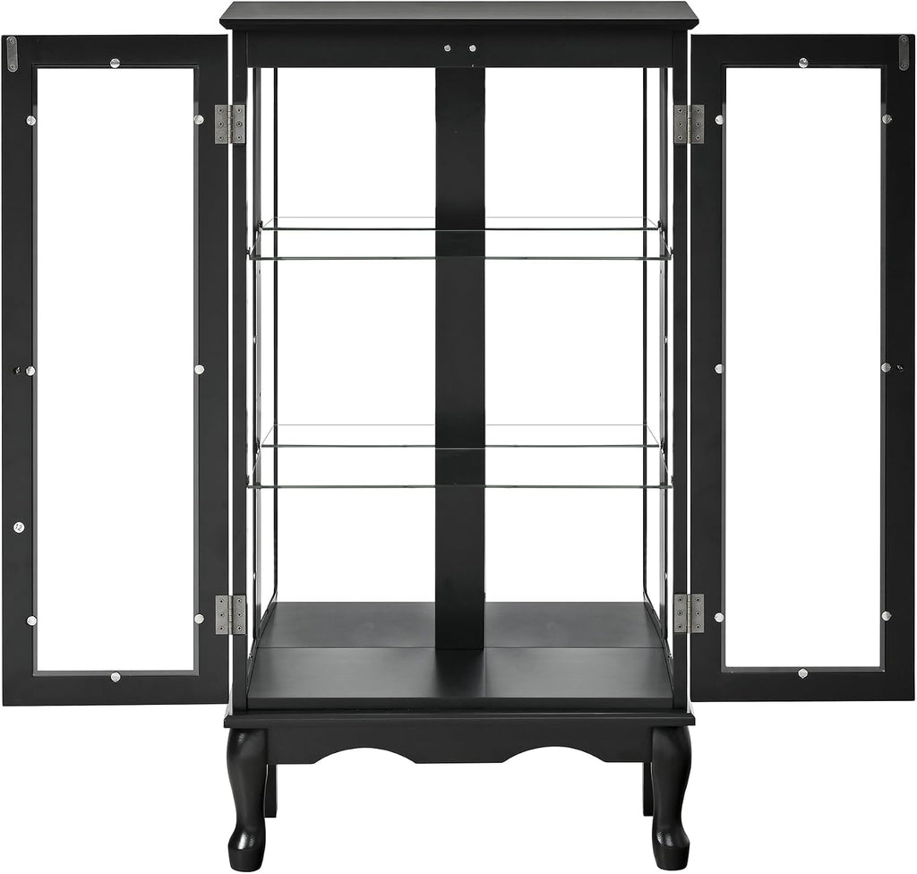 Vintage Lighted Curio Cabinet with Glass Doors & Shelves, Mirrored Back | 3-Side Tempered Glass, Adjustable Shelves, Mirrored Back Panel, Built-in Lighting, Vintage Display Case, Home Office, White