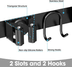 Broom Holder Wall Mount, 2-Pack Stainless Steel Mop and Broom Organizer, Broom Hanger with 2 Slots 2 Hooks for Home Kitchen, Garage, Garden and Laundry Room, Black