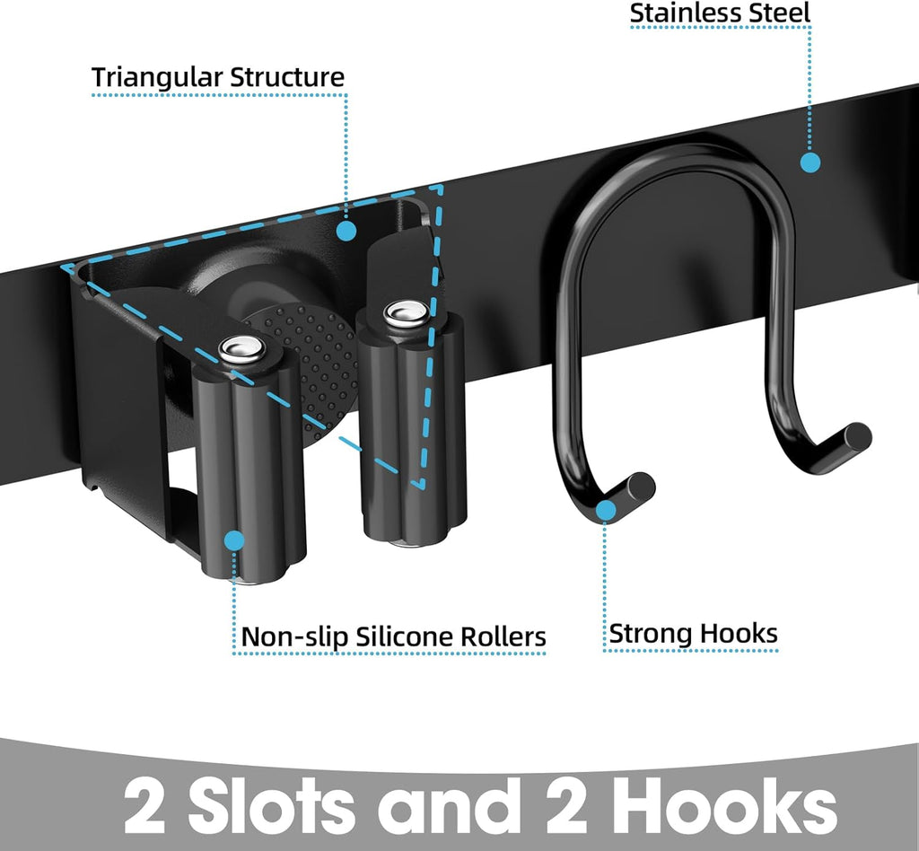 Broom Holder Wall Mount, Stainless Steel Mop and Broom Organizer, Broom Hanger with 2 Slots 2 Hooks for Home Kitchen, Garage, Garden and Laundry Room, Black