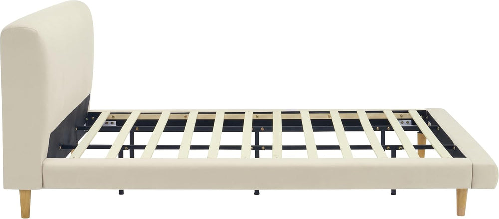 Cal-King Size Upholstered Beige Platform Bed with Chunky Headboard, Modern Fa...