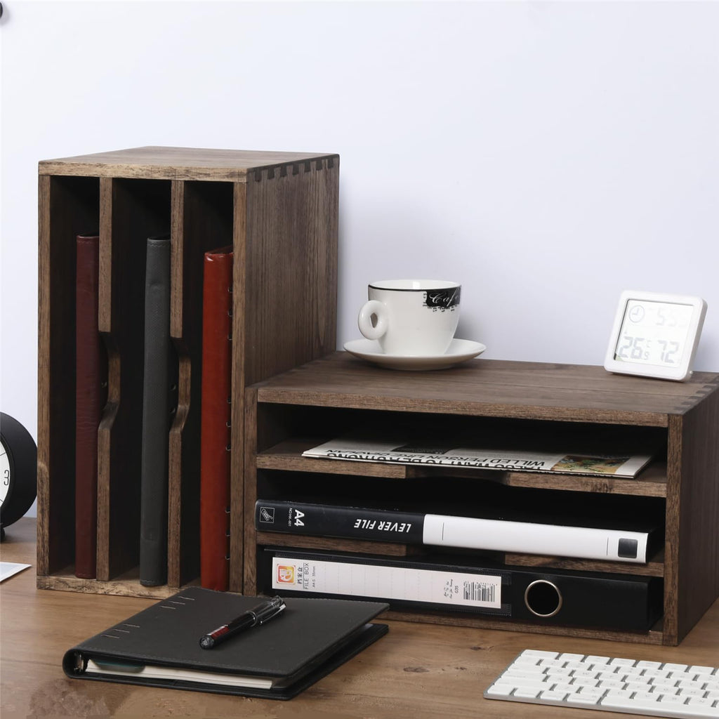 3-Tier Paper Storage Letter Tray File Sorter - Wood Desktop Document Organizer Holders with Mail Sorter, School & Home Magazine File Dividers for Office Accessories Dark(SJ3K-DK)