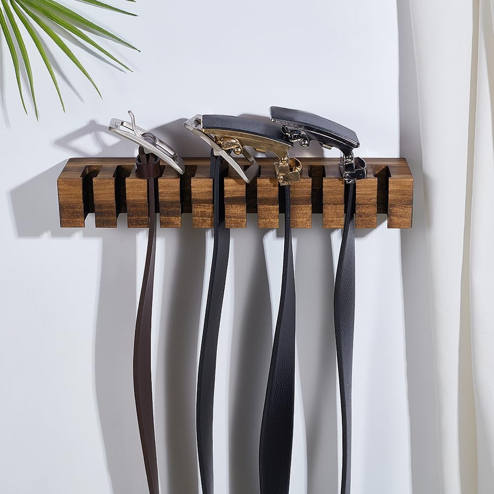 PH PandaHall Belt Organizer, Wooden Belt Holder Wall Mounted Belts Hanger with Slots Space Saving Storage for 10 Belts, Home Bedroom Closet Retail Shop, Camel, 1pc, 10.7x1.5x2.4inch
