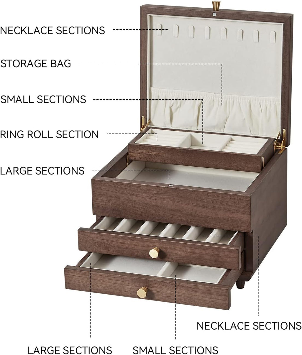 Wooden Jewelry Box, 3 Layer Large Jewelry Organizer for Women, Jewelry Storage, for Necklaces Rings Earring Watches Bracelets, Black Walnut Wood, Christmas Gifts