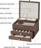 Wooden Jewelry Box, 3 Layer Large Jewelry Organizer for Women, Jewelry Storage, for Necklaces Rings Earring Watches Bracelets, Black Walnut Wood, Christmas Gifts