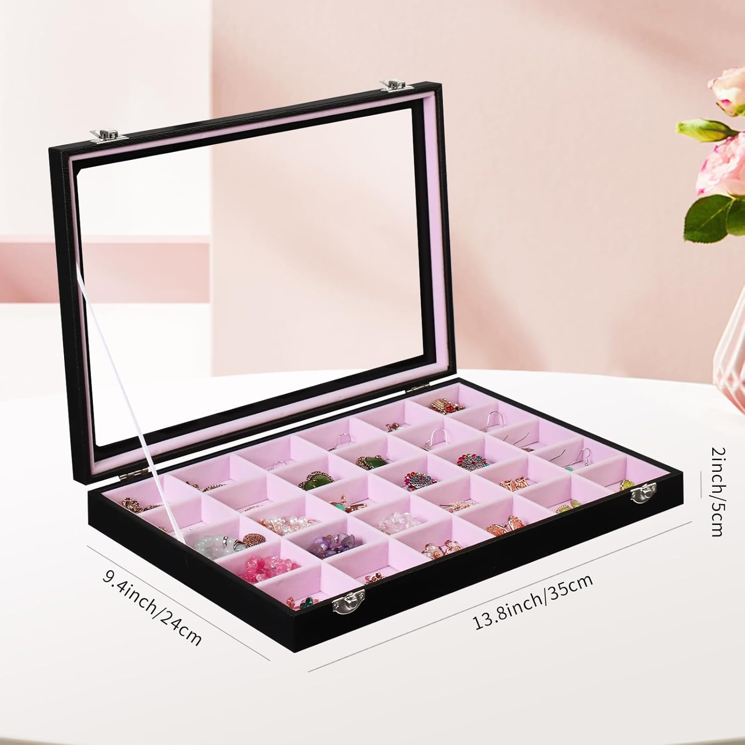 Stratalife Jewelry Organizer Earring Holder Jewelry Tray with Lid Earring Storage Drawer Organizer Earring Ring Storage for Women 30 Grid (Pink Black)