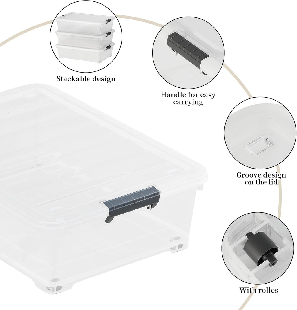 3-Pack Clear Plastic Underbed Storage Bins with Lids & Wheels, Rolling Under Bed Shoe Storage Containers, 25 Qt
