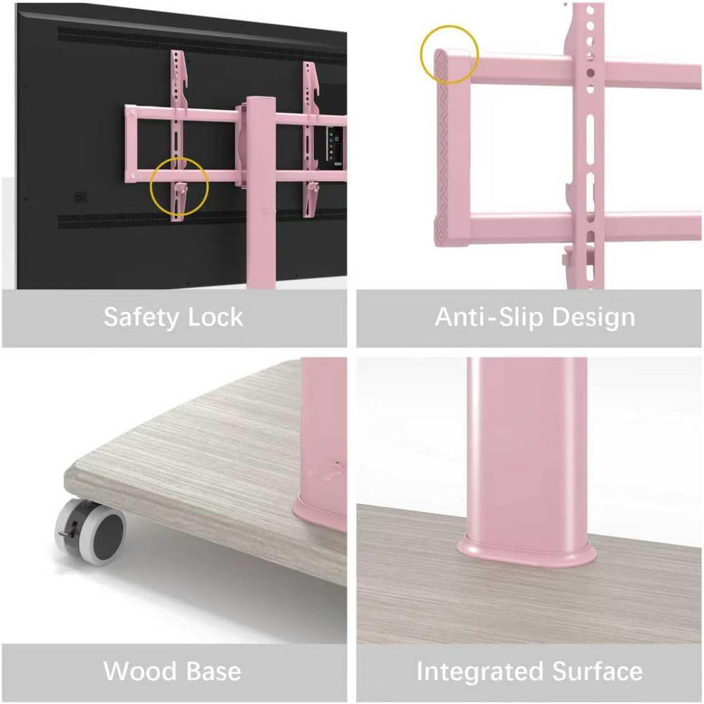 Pink Rolling TV Stand for 32 to 55 65 75 85 Inch TVs, Corner TV Floor Stand w...