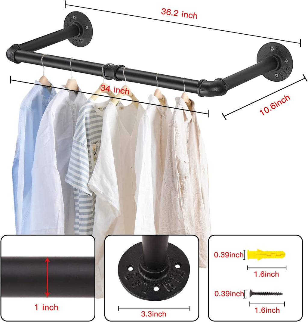Wall Mounted Clothes Rack - 36" Industrial Pipe Clothing Garment Rack, Space - Saving Heavy Duty Detachable Black Iron Clothes Organizer, Multi-Purpose Hanging Rod for Closet Storage, 2 Base