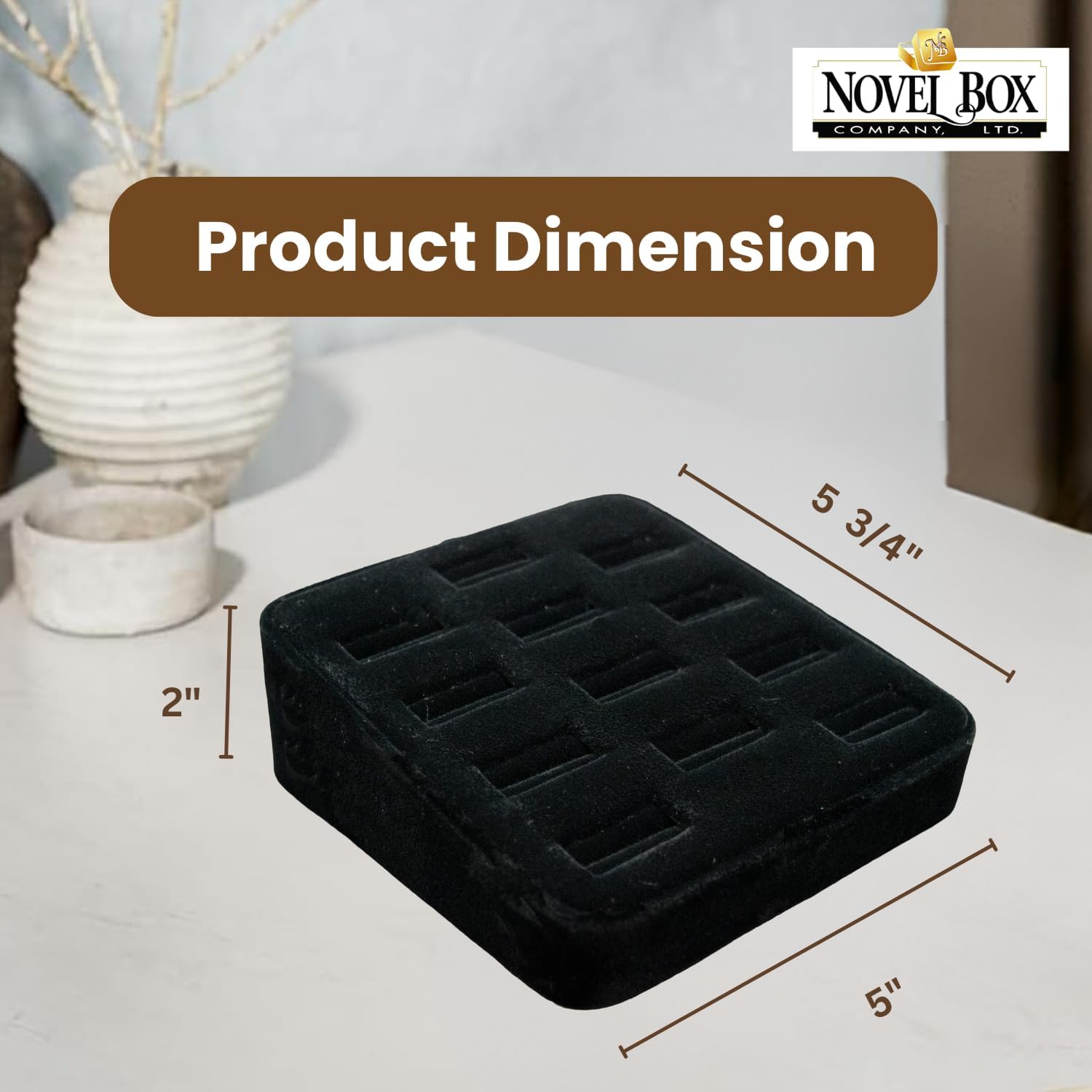 Novel Box 12-Slot Black Velvet Rings/Earrings/Cufflinks Holder Tray 5.75x5x2 Inches - Ring Holder Organizer for Selling or Personal Use - Jewelry Display Trays for Special Occasions