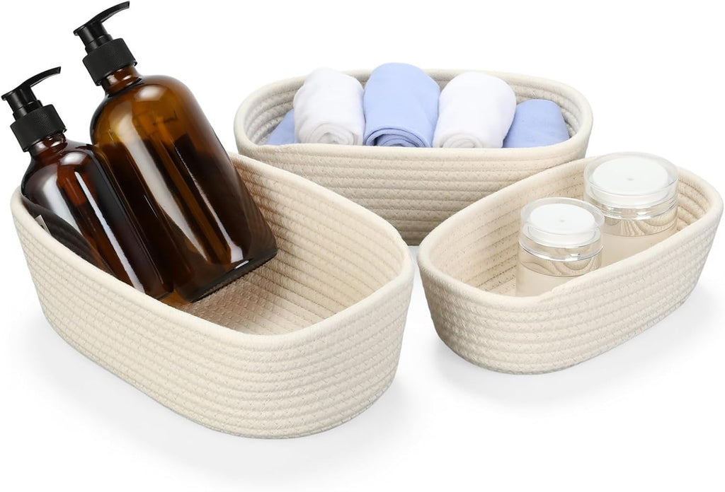 Cozary Storage Basket Set (Small Sizes) - Handmade Multifunctional Cotton Baskets, Organiser for Bathroom, Kitchen, Children's Room - Braided & Stackable, 3-Piece