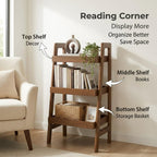 100% Solid Wood 3 Tier Ladder Shelf, Freestanding Small Ladder Bookshelf with Open Storage, Space-Saving Bookcase and Side Table for Living Room, Bedroom, Home Office, Walnut Finish