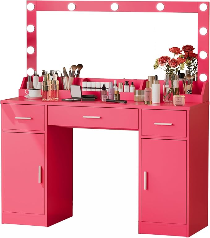 47.5” Vanity Desk with Large Mirror, 3 Colour Lighting Modes, Adjustable Brightness, Dresser with 3 Drawers & 2 Vertical Cabinets, Makeup Vanity Table for Women Girls