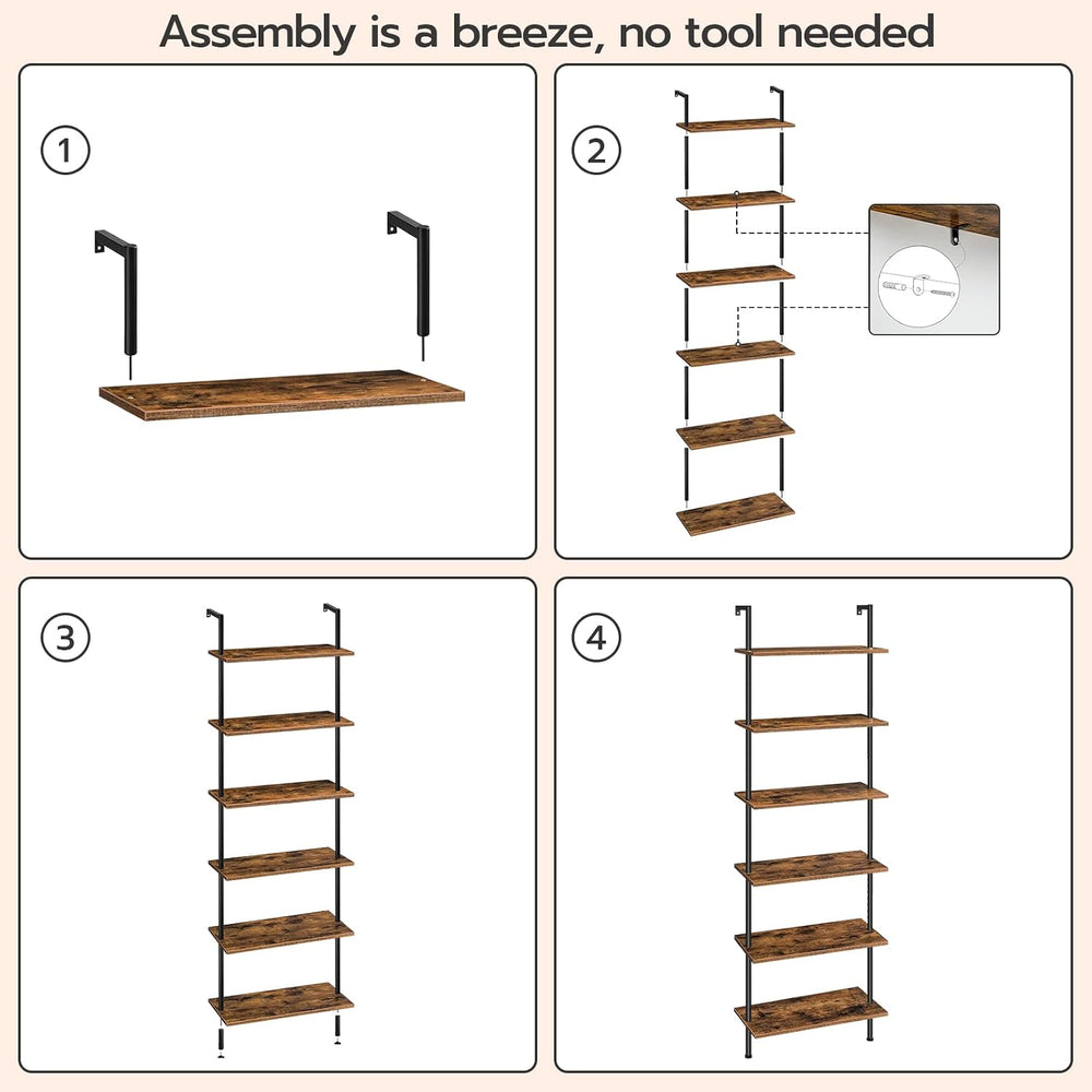 HOOBRO DIY Ladder Shelf, 6-Tier Wall Mounted Bookshelf, Office Vertical Bookc...