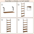 HOOBRO DIY Ladder Shelf, 6-Tier Wall Mounted Bookshelf, Office Vertical Bookcase, Wooden Storage Shelves for Home Office, Bedroom, Rustic Brown and Black BF65CJ01