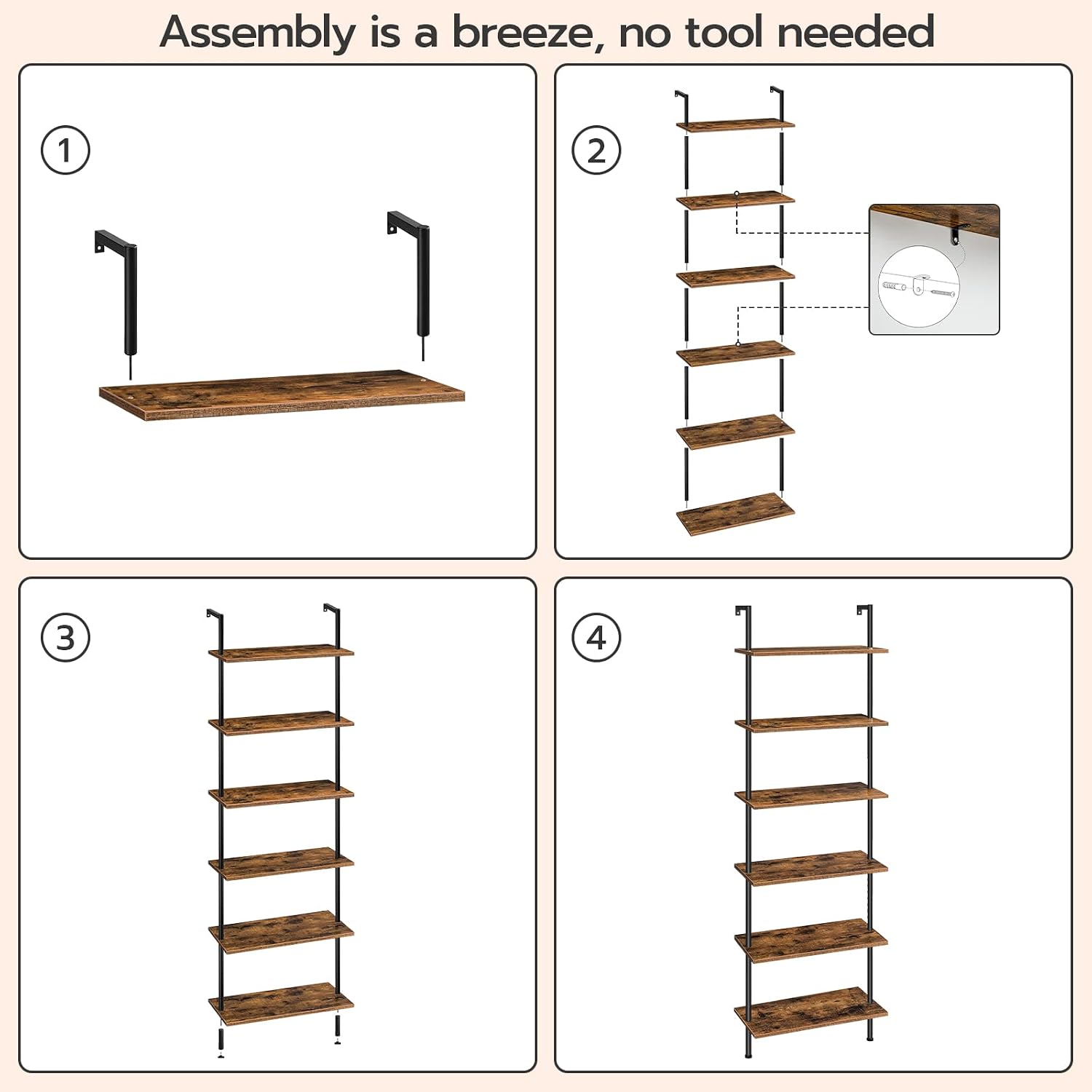 HOOBRO DIY Ladder Shelf, 6-Tier Wall Mounted Bookshelf, Office Vertical Bookcase, Wooden Storage Shelves for Home Office, Bedroom, Rustic Brown and Black BF65CJ01