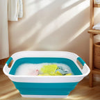 SAMMART 27L (7.1 Gallons) Collapsible Plastic Laundry Basket with Handle-Foldable Pop Up Storage Basket with handle (1, White/Ceramic Blue)