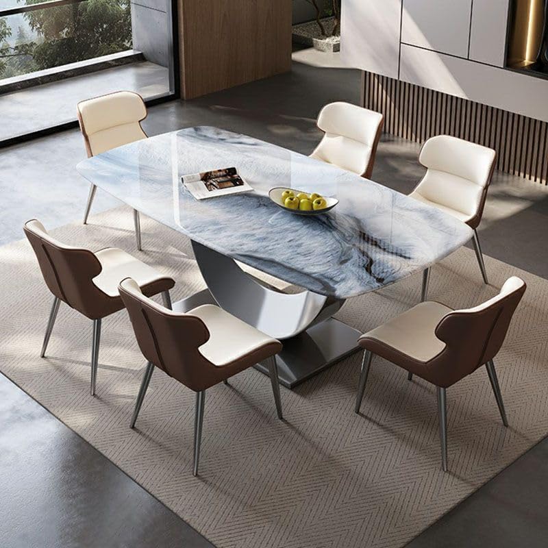 LAKIQ Stone Top Dining Table with Metal Pedestal Base Rectangular Modern Dinn...