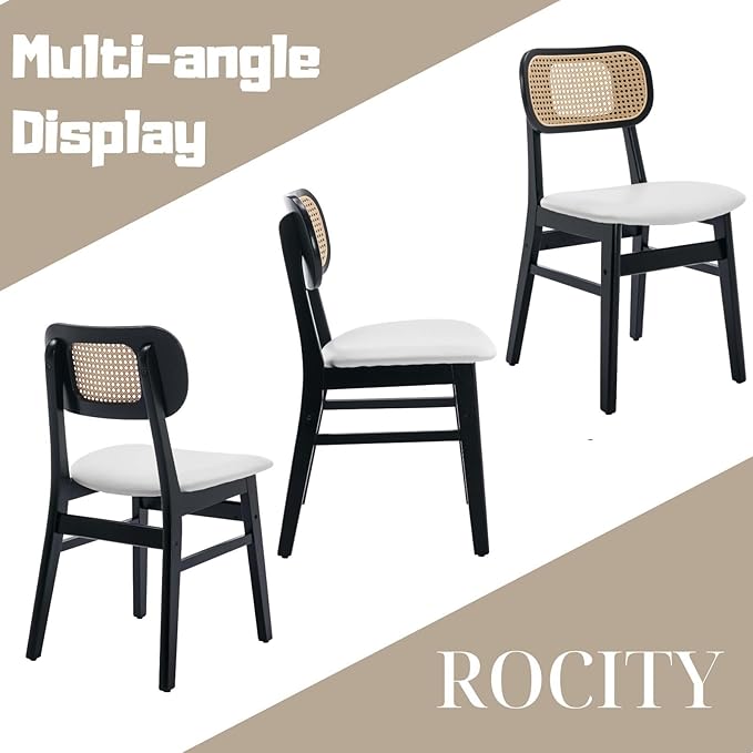 Rattan Dining Chairs Set of 2 Black Wooden Dining Room Chairs White Faux Leather Kitchen Chairs with Back Farmhouse Side Chairs