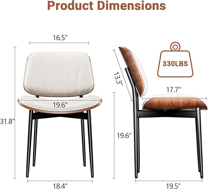 Dining Chairs Set of 6, Dining Room and Kitchen Chairs, Mid Century Modern Accent Chair, Upholstered PU Leather Chairs for Vanity with Walnut Bentwood and Metal Legs, Beige