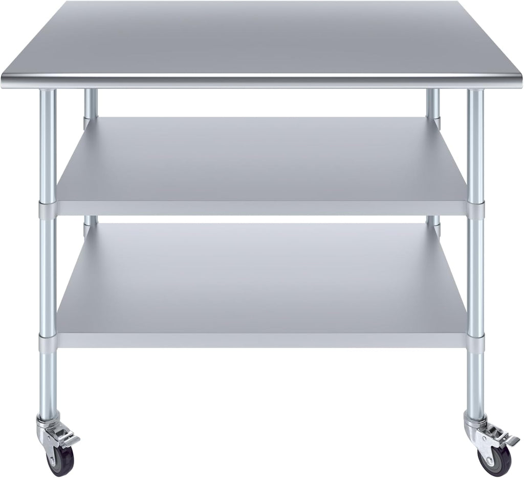AmGood Stainless Steel Work Table with 2 Shelves and Casters | Metal Utility Table On Wheels (Stainless Steel Work Table with 2 Shelves + Casters, 48" Long x 30" Deep)