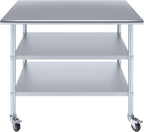 AmGood Stainless Steel Work Table with 2 Shelves and Casters | Metal Utility Table On Wheels (Stainless Steel Work Table with 2 Shelves + Casters, 48" Long x 30" Deep)