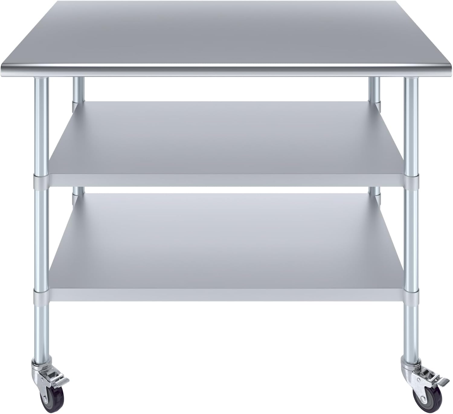 AmGood Stainless Steel Work Table with 2 Shelves and Casters | Metal Utility Table On Wheels (Stainless Steel Work Table with 2 Shelves + Casters, 48" Long x 30" Deep)