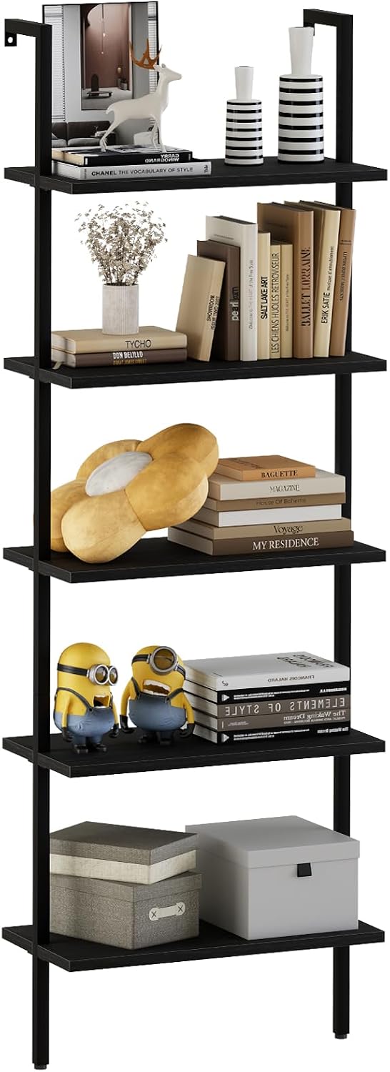 aboxoo Ladder Shelf Open 5-Tier Bookshelf Wall-Mounted Black Wood Bookcase St...