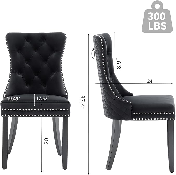 Velvet Dining Chairs Set of 2, Upholstered Dining Room Chairs with Nailhead Trim, Sillas de Comedor Modernas 2, Wooden Kitchen Chairs for Dining Room, Living Room, Kitchen, Bedroom, Black