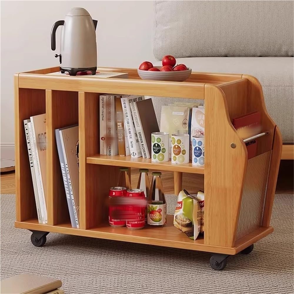 Movable Wood Side Tables with Casters, Rolling Table with Storage, Living Roo...