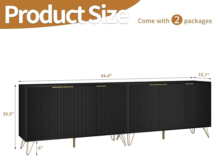Fluted TV Stand for 100 Inch TV,Black TV Stands for Living Room,Modern Entertainment Center with Storage Cabinets,Adjustable Shelves & Gold Handles,Wood Media Console for Living Room