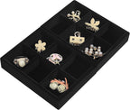 DesignSter Small Jewelry Tray-Ring Organizer 2PCS Premium Velvet Rings Earrings Display Tray Storage Insert Holder for Jewelry Box, Drawer, Dresser (6 Grids, Black)