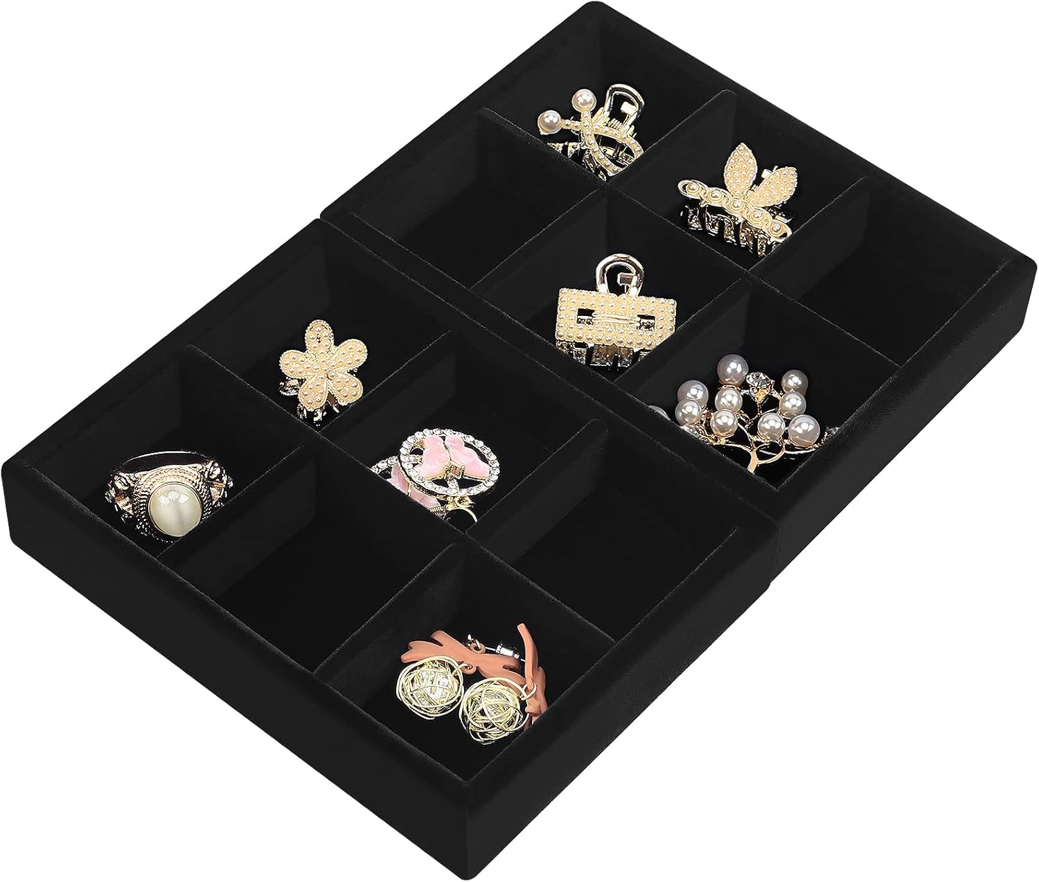 DesignSter Small Jewelry Tray-Ring Organizer 2PCS Premium Velvet Rings Earrings Display Tray Storage Insert Holder for Jewelry Box, Drawer, Dresser (6 Grids, Black)