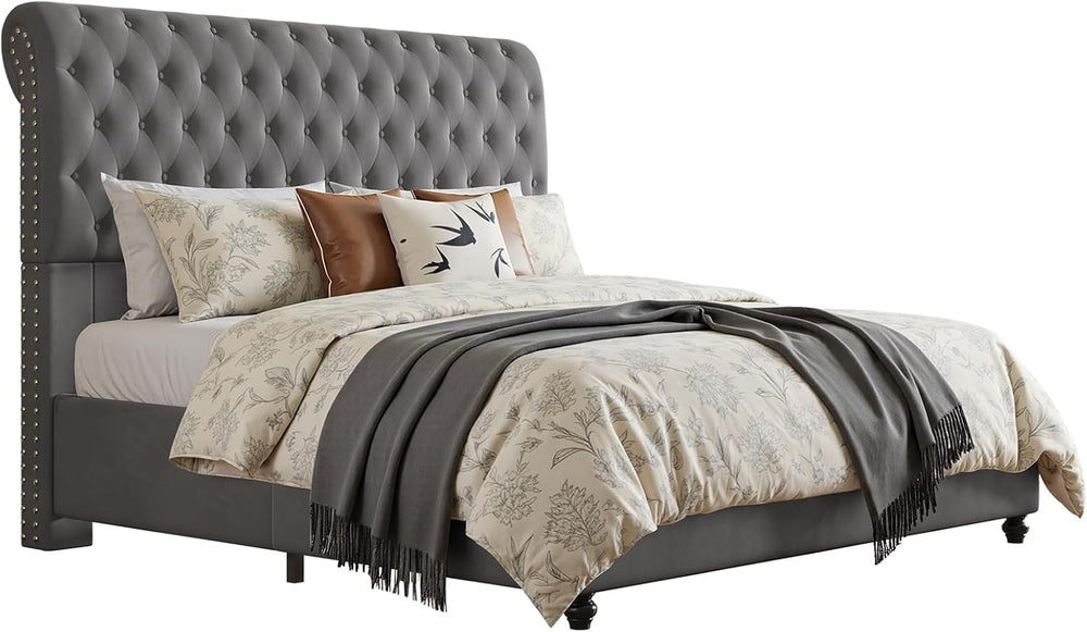Jocisland Queen Bed Frame 52.8" Sleigh Headboard,Velvet Upholstered, Gray