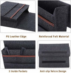 Bedside Caddy for Dorm and Bed Storage - Black Felt Organizer with 5 Pockets for Book, Phone, Tablet, iPad and Remote Holder
