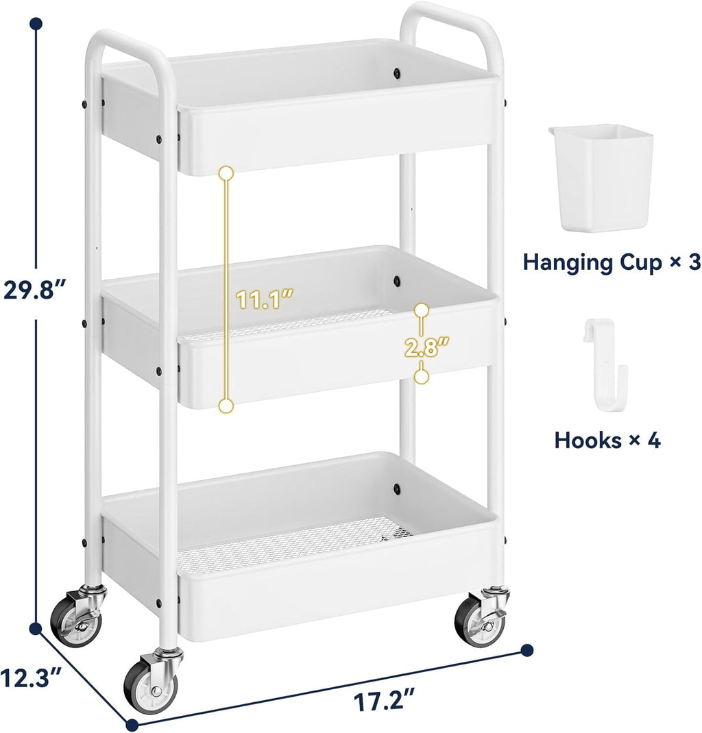YASONIC Metal 3 Tier Rolling Cart - Heavy Duty Utility Cart with Lockable Wheels, Hanging Cups, Hooks, Mesh Rolling Storage Cart Craft Cart Organizer, Lightweight and Sturdy, White