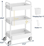 YASONIC Metal 3 Tier Rolling Cart - Heavy Duty Utility Cart with Lockable Wheels, Hanging Cups, Hooks, Mesh Rolling Storage Cart Craft Cart Organizer, Lightweight and Sturdy, White