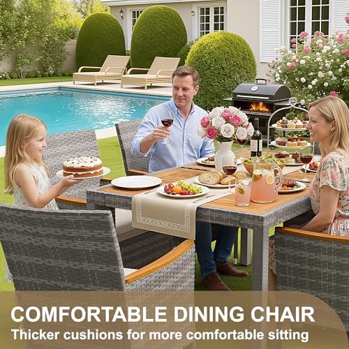 Devoko 7 PCS Acacia Wood Patio Dining Set, Gray Rattan