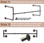 Wall Mounted Clothes Rack - 54" Industrial Pipe Clothing Garment Rack, Space-Saving Heavy Duty Detachable Black Iron Clothes Hanger Pole, Multi-Purpose Hanging Rod for Closet Storage, 4 Base