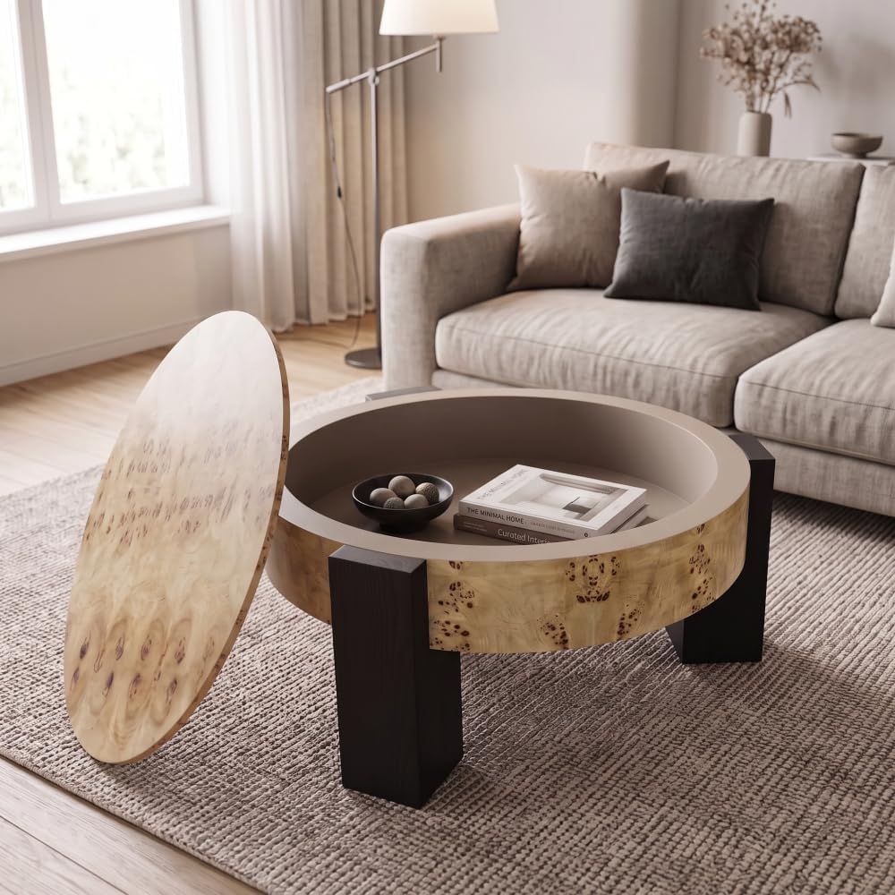 33'' Round Burl Wood Storage Coffee Table, Organic Modern Hidden Comp...