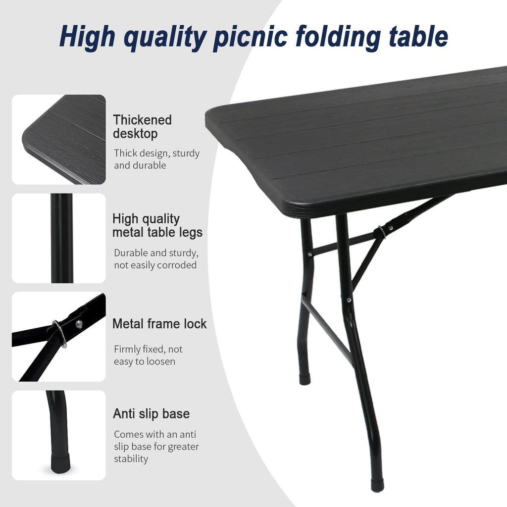 70.8" W X 29" D X 29" H - 6 ft Black Folding Table Heavy Duty Portable, Plastic Folding Utility Folding Table for Camping, Picnics & Parties