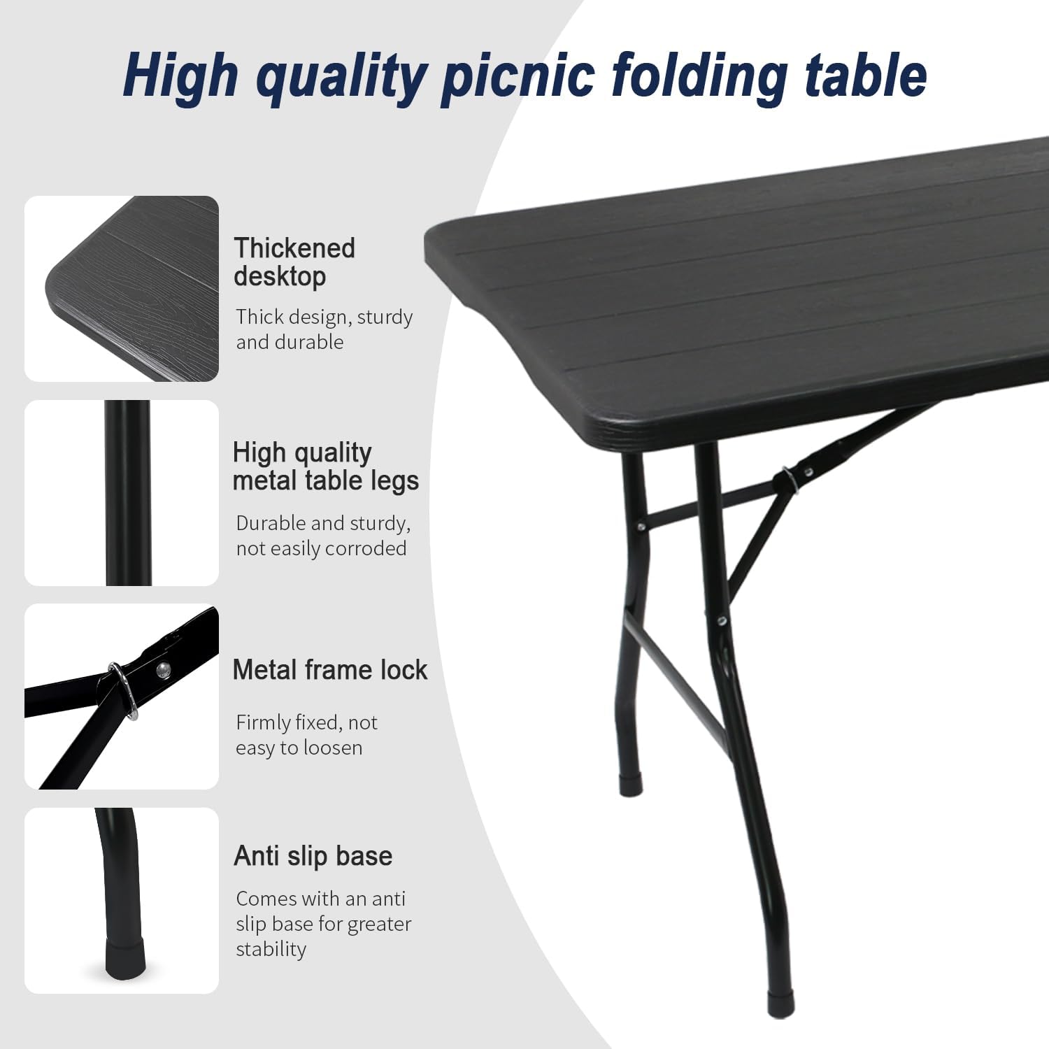 70.8" W X 29" D X 29" H - 6 ft Black Folding Table Heavy Duty Portable, Plastic Folding Utility Folding Table for Camping, Picnics & Parties