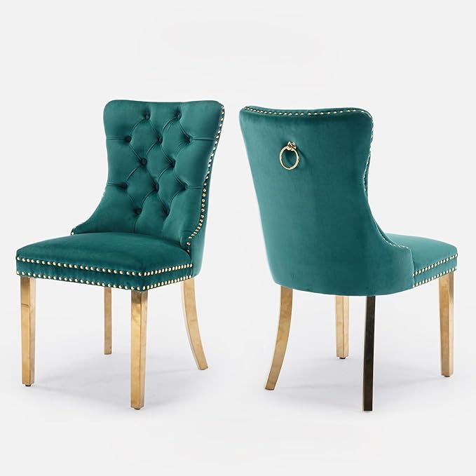 Velvet Upholstered Dining Chairs Set of 2, Modern Style Kitchen Side Chairs with Nailhead Trim and Gold Plated Leg, Metal Pulling Ring for Dining Room Living Room(Green,Set of 2)