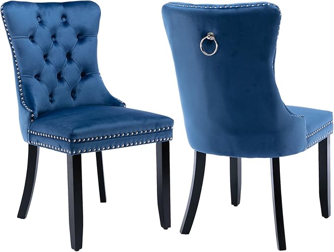 Modern Dining Chairs Set of 2, Tufted Upholstered Dining Chair with Solid Wood Legs, Blue Velvet Accent Chair, Sillas de Comedor, Comfy Kitchen Chairs (Blue, Velvet, 2Pcs)