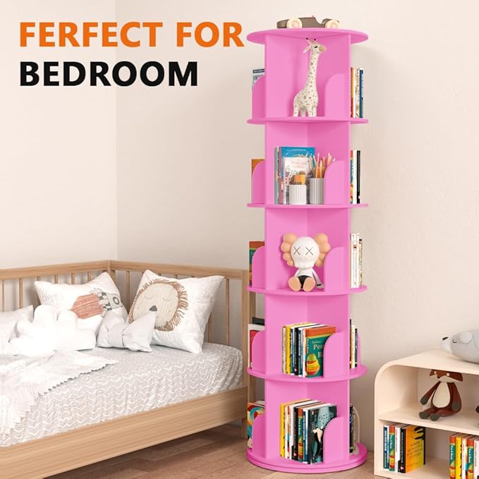 Nidouillet Rotating Bookshelf Tower, 5 Tier Spinning Bookcase Lazy Susan, Revolving 360 Book Shelf Storage Round Organizer, Vertical Rotate Turning Corner Book Case for Small Space, Pink