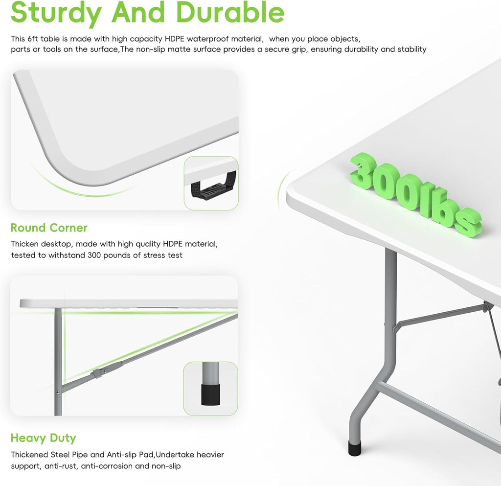 HLPB Folding Table - 2 Pcs, 6 ft Portable Camping Table with Handle and Safety Locks, Foldable Plastic Dining Table for Indoor/Outdoor Use, Perfect for Picnics and Parties