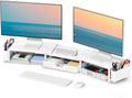 OPNICE White Dual Monitor Stand Riser, Metal Desk Organizers and Accessories with Drawer and 2 Pen Holders, Computer Monitor Stand for Desk