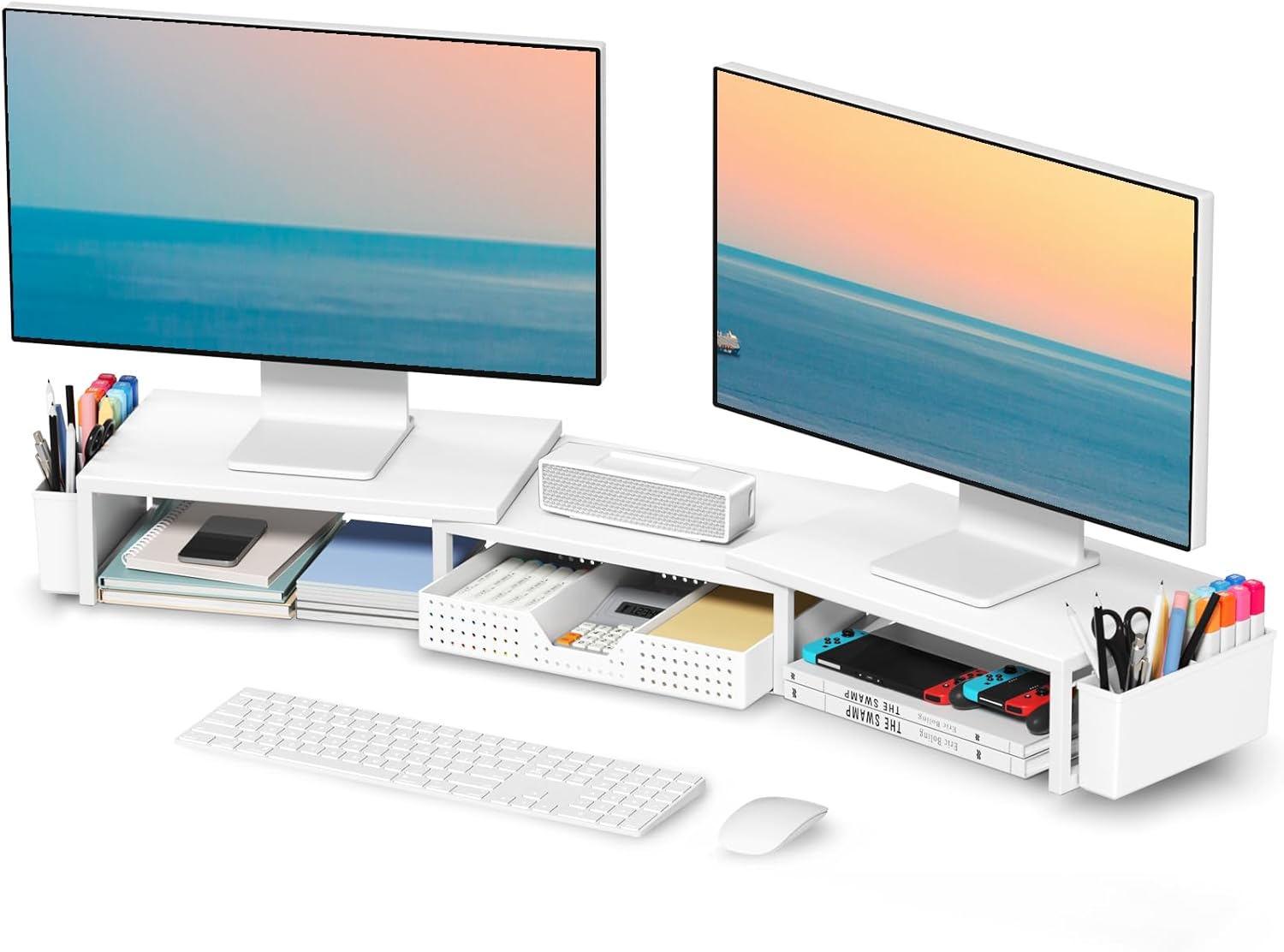 OPNICE White Dual Monitor Stand Riser, Metal Desk Organizers and Accessories with Drawer and 2 Pen Holders, Computer Monitor Stand for Desk